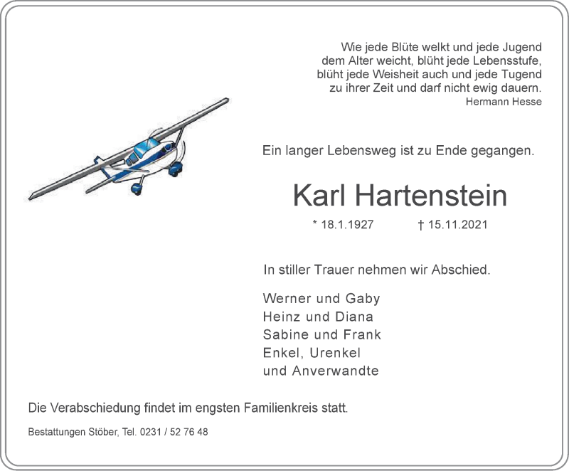  Traueranzeige für Karl Hartenstein vom 27.11.2021 aus waz