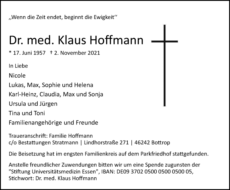  Traueranzeige für Klaus Hoffmann vom 20.11.2021 aus Tageszeitung