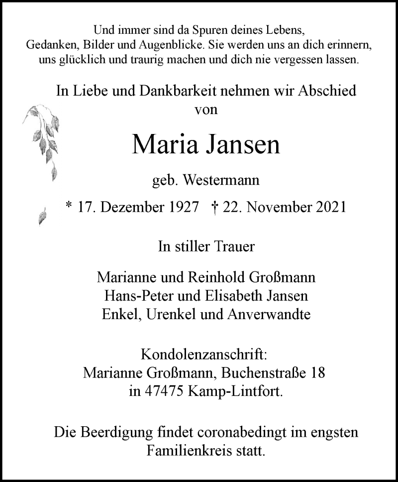  Traueranzeige für Maria Jansen vom 27.11.2021 aus waz