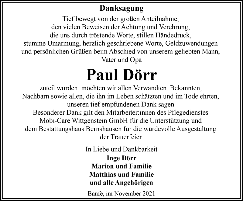  Traueranzeige für Paul Dörr vom 24.11.2021 aus waz