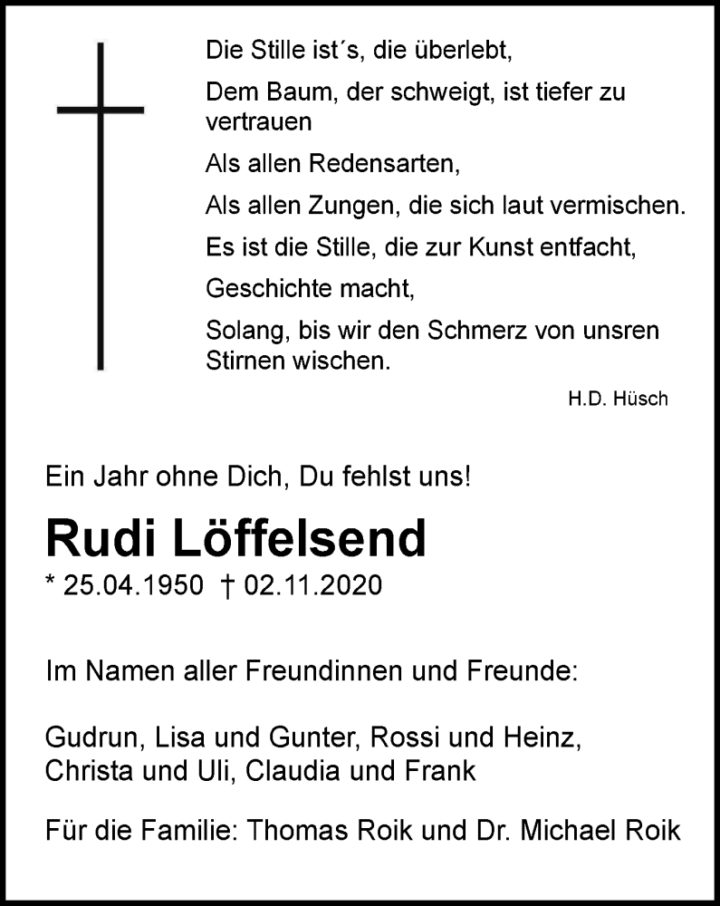  Traueranzeige für Rudi Löffelsend vom 03.11.2021 aus Tageszeitung