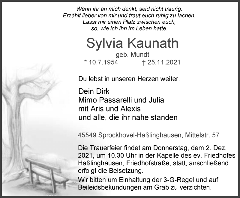  Traueranzeige für Sylvia Kaunath vom 27.11.2021 aus waz