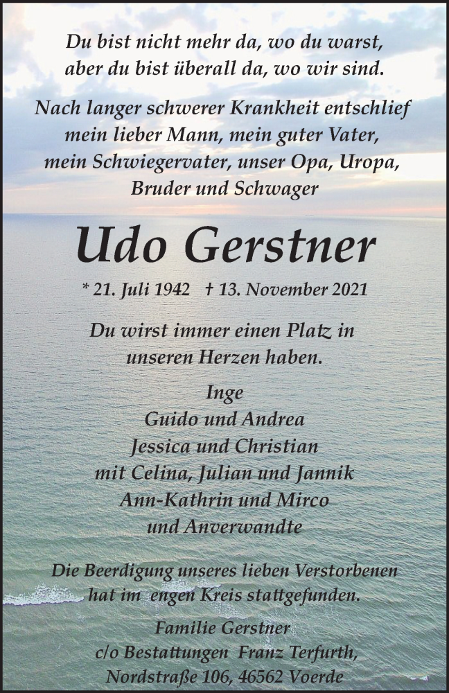  Traueranzeige für Udo Gerstner vom 20.11.2021 aus waz