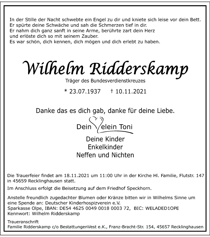  Traueranzeige für Wilhelm Ridderskamp vom 13.11.2021 aus Tageszeitung