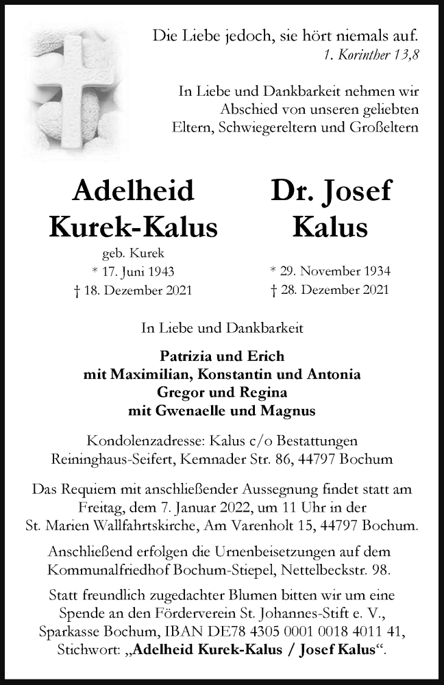  Traueranzeige für Adelheid und Josef Kurek-Kalus, Kalus vom 31.12.2021 aus Tageszeitung