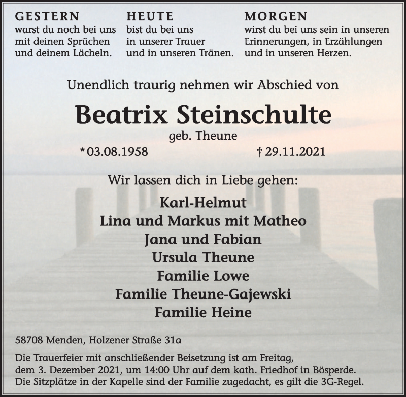  Traueranzeige für Beatrix Steinschulte vom 01.12.2021 aus Tageszeitung