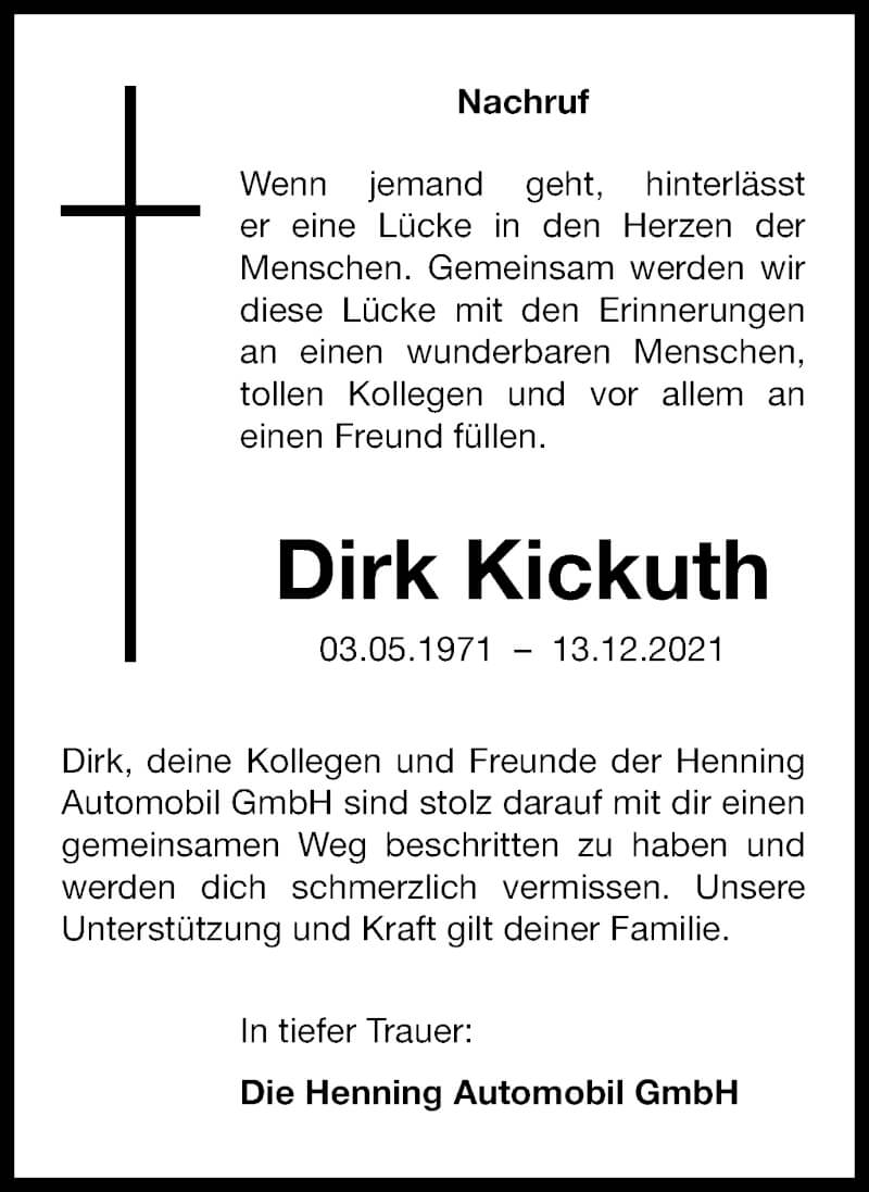  Traueranzeige für Dirk Kickuth vom 18.12.2021 aus Tageszeitung