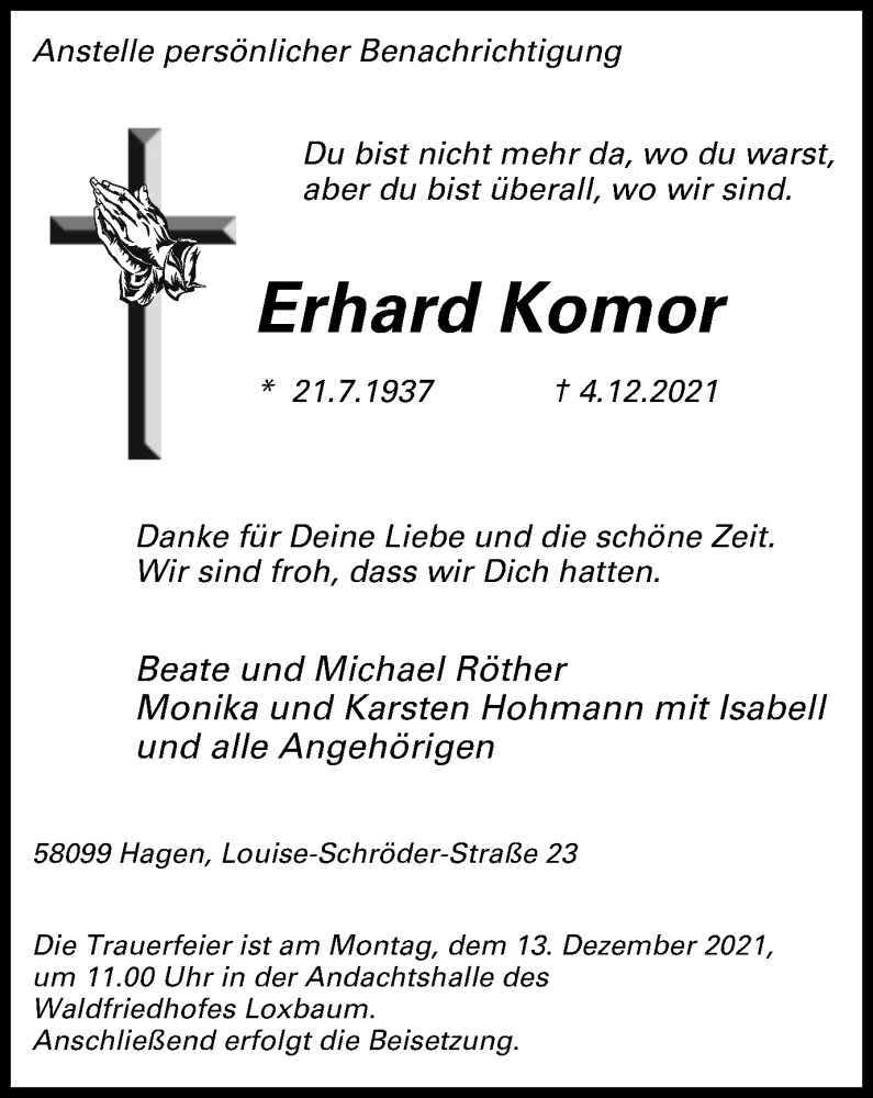  Traueranzeige für Erhard Komor vom 08.12.2021 aus Tageszeitung