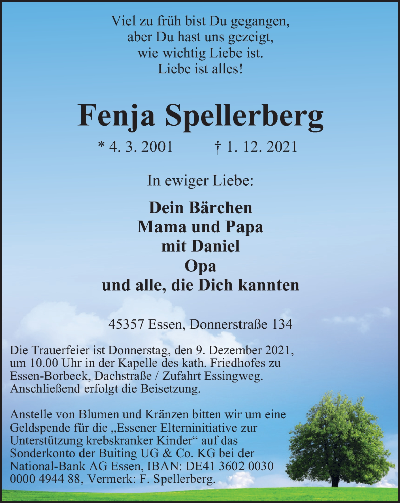  Traueranzeige für Fenja Spellerberg vom 08.12.2021 aus Tageszeitung