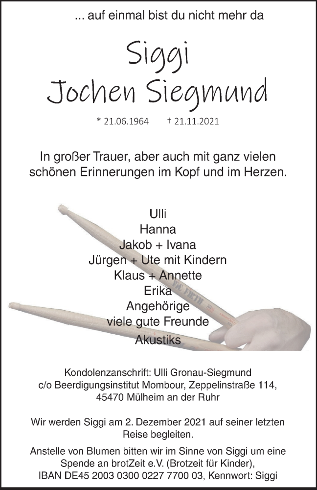 Traueranzeige für Jochen Siegmund vom 01.12.2021 aus Tageszeitung