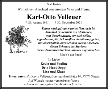 Traueranzeige von Karl-Otto Velleuer von Tageszeitung