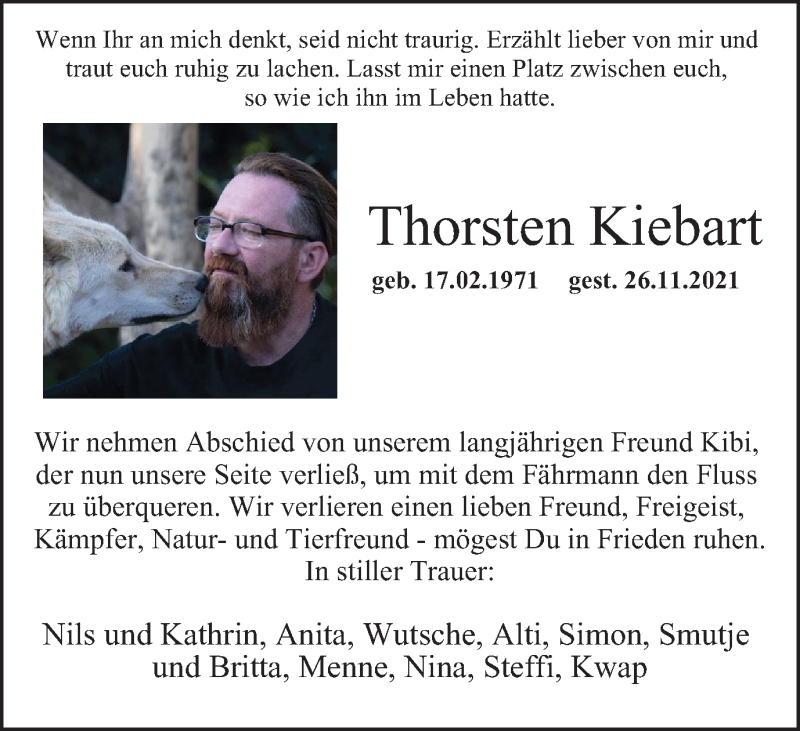  Traueranzeige für Thorsten Kiebart vom 08.12.2021 aus Tageszeitung