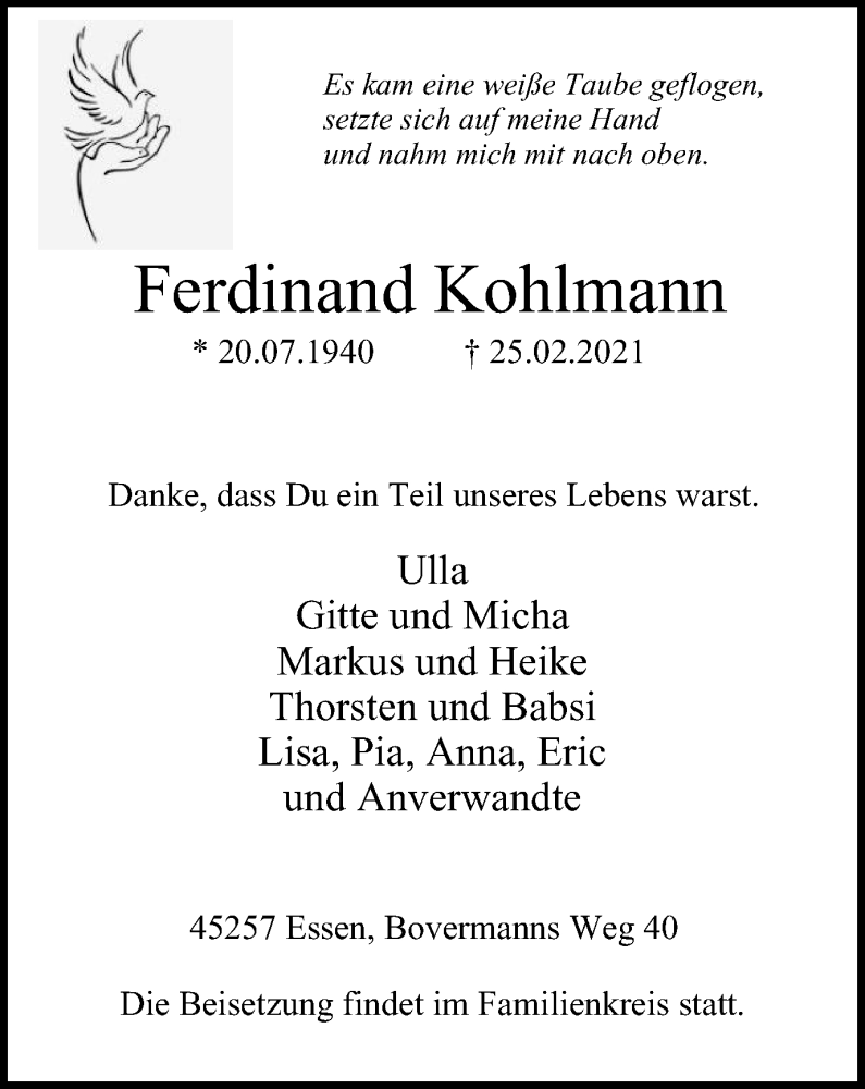  Traueranzeige für Ferdinand Kohlmann vom 27.02.2021 aus Tageszeitung