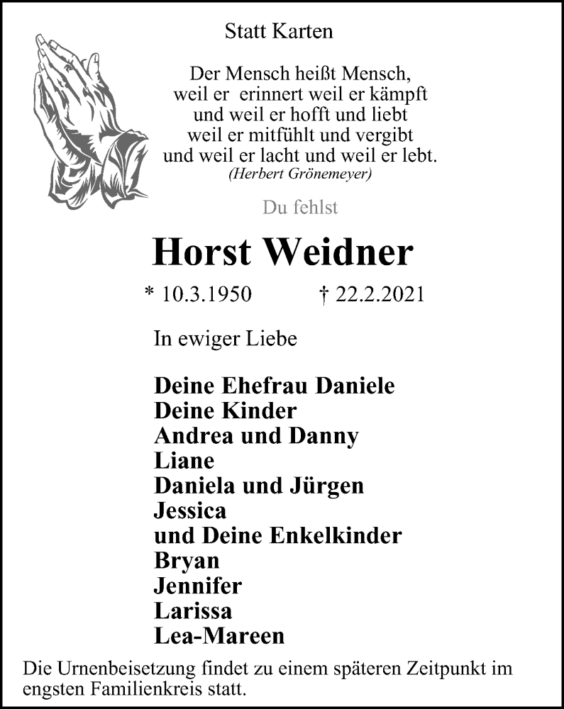  Traueranzeige für Horst Weidner vom 25.02.2021 aus Tageszeitung