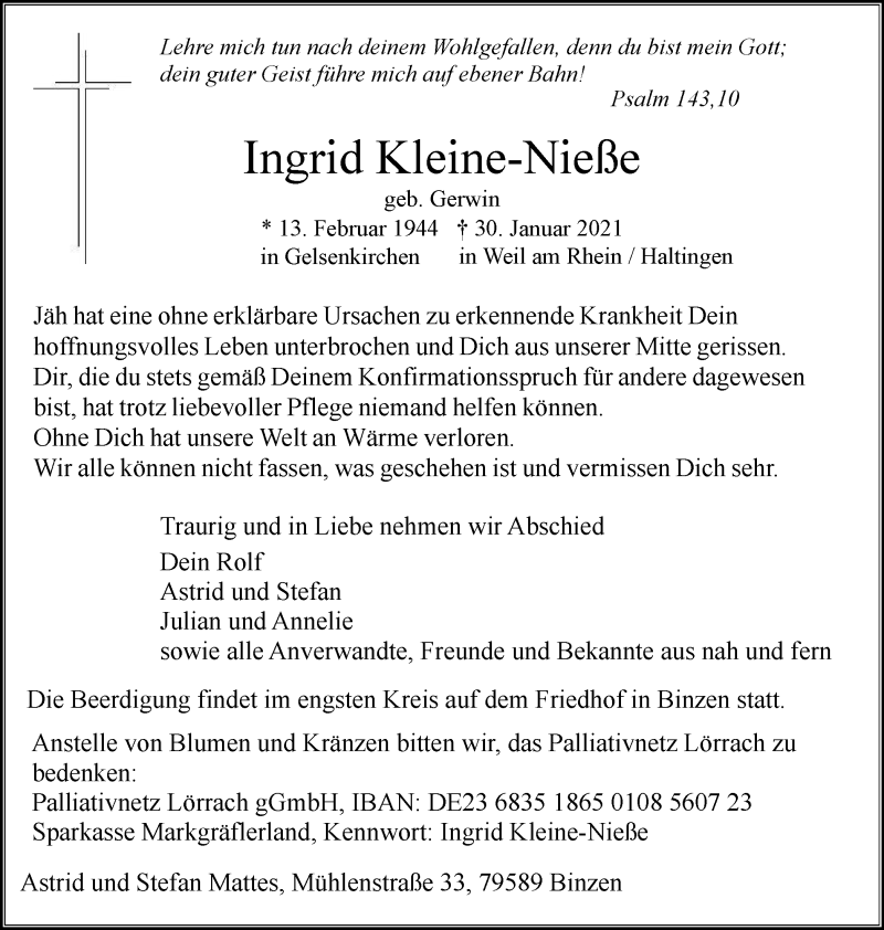  Traueranzeige für Ingrid Kleine-Nieße vom 06.02.2021 aus Tageszeitung