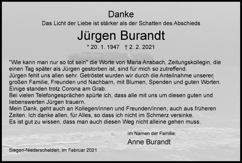  Traueranzeige für Jürgen Burandt vom 27.02.2021 aus Tageszeitung