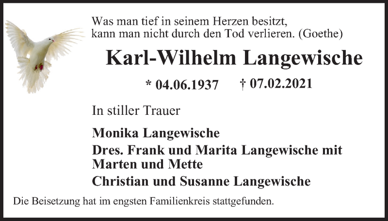  Traueranzeige für Karl-Wilhelm Langewische vom 24.02.2021 aus Tageszeitung