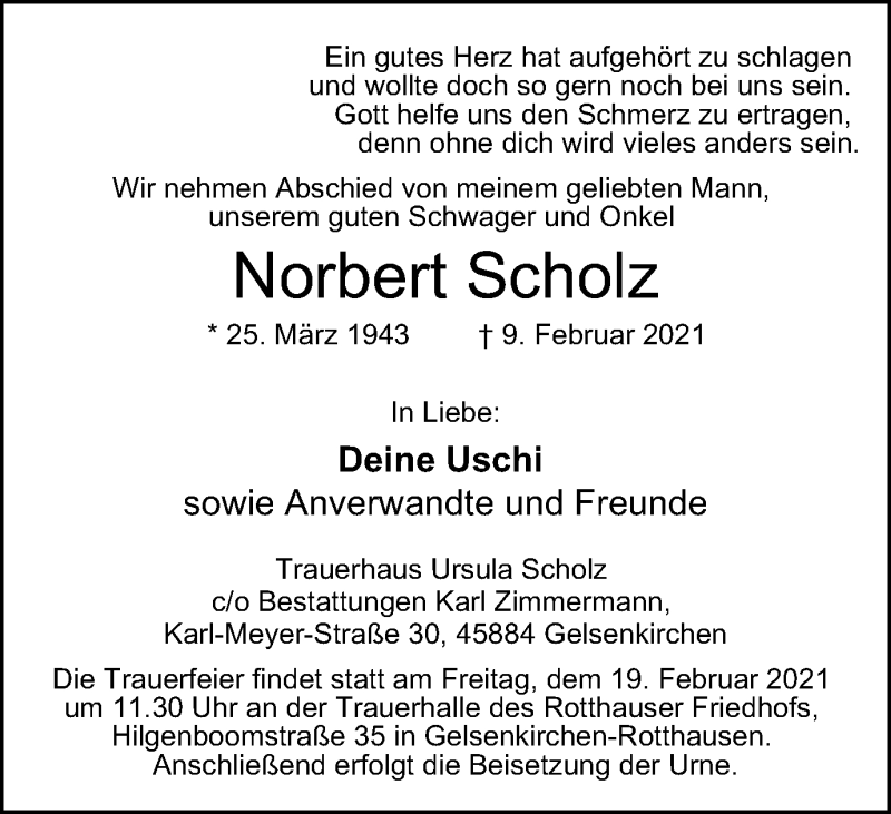  Traueranzeige für Norbert Scholz vom 17.02.2021 aus Tageszeitung