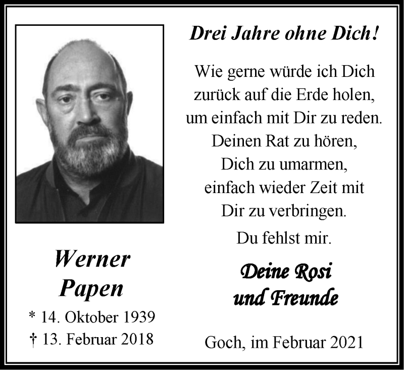  Traueranzeige für Werner Papen vom 13.02.2021 aus Tageszeitung