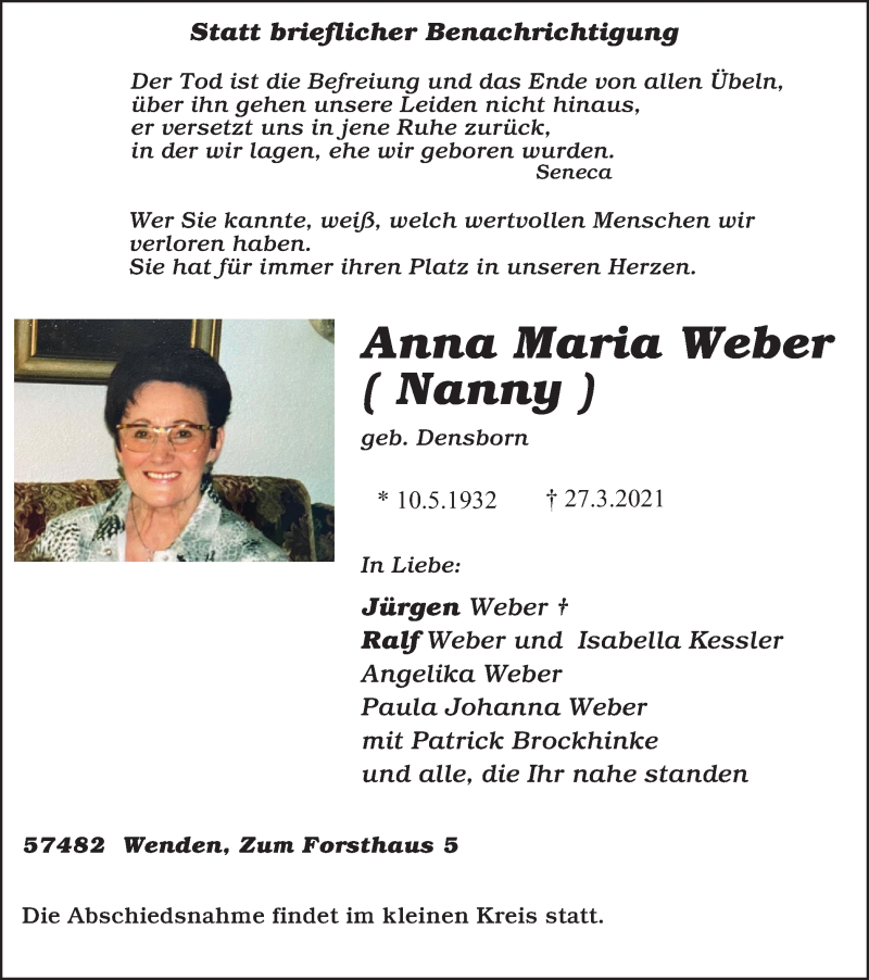  Traueranzeige für Anna Maria Weber vom 30.03.2021 aus Tageszeitung