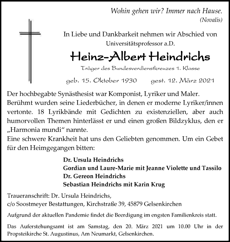  Traueranzeige für Heinz-Albert Heindrichs vom 17.03.2021 aus waz