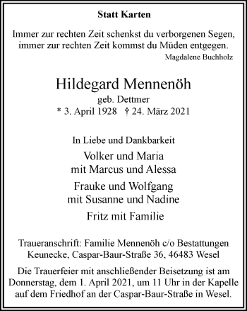 Traueranzeige von Hildegard Mennenöh von Tageszeitung