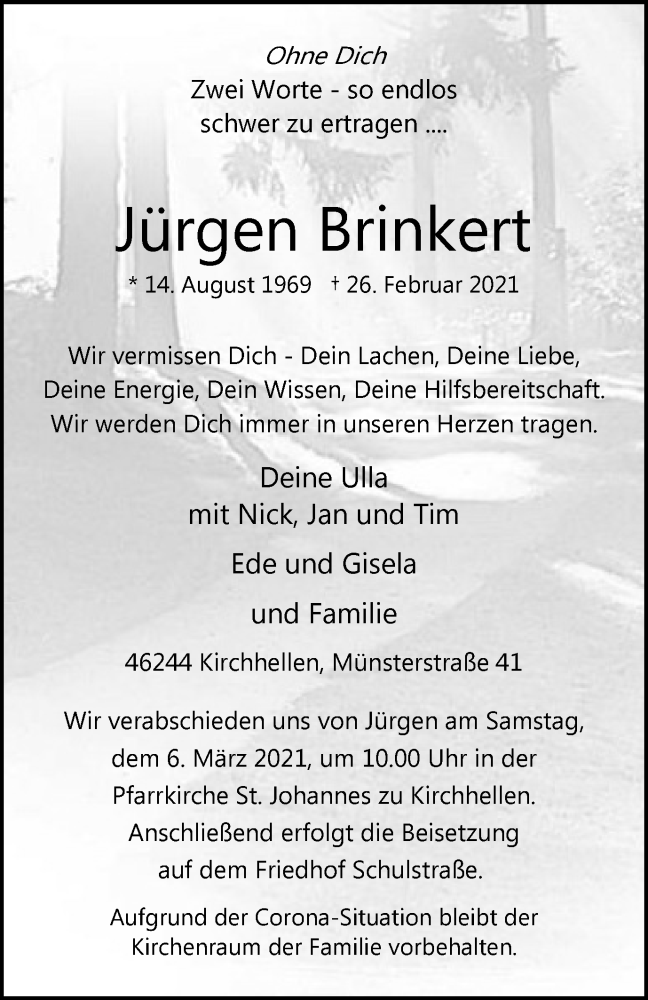  Traueranzeige für Jürgen Brinkert vom 04.03.2021 aus Tageszeitung