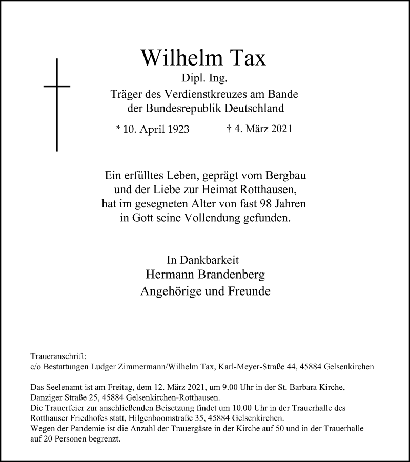  Traueranzeige für Wilhelm Tax vom 09.03.2021 aus Tageszeitung