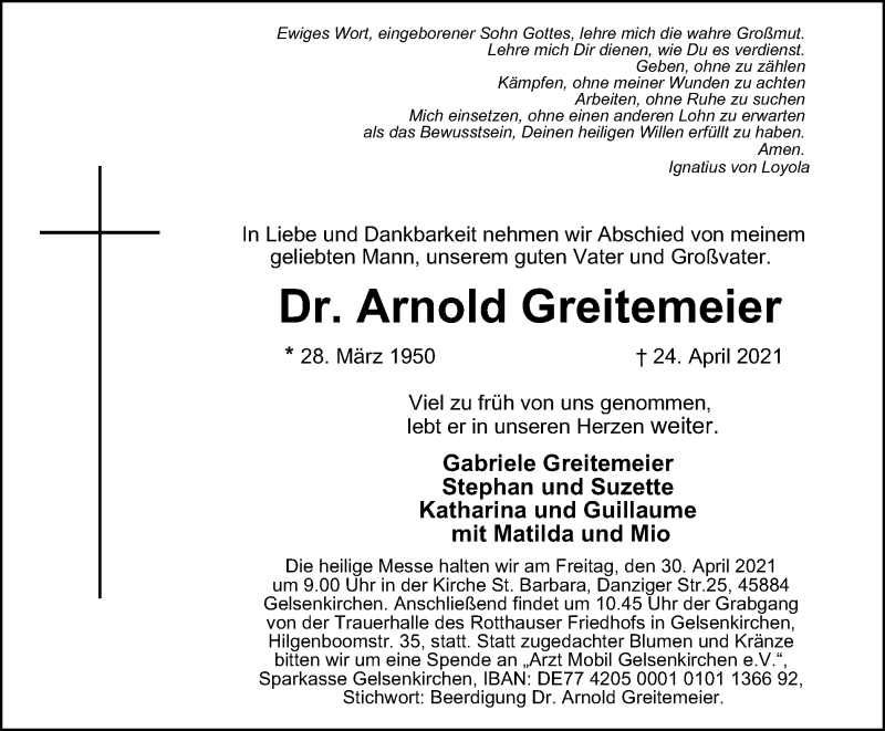  Traueranzeige für Arnold Greitemeier vom 28.04.2021 aus Tageszeitung