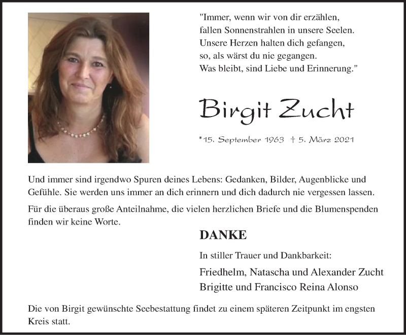  Traueranzeige für Birgit Zucht vom 07.04.2021 aus Tageszeitung