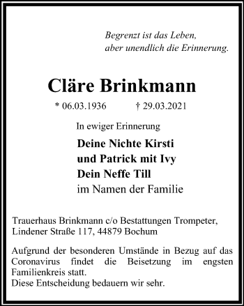 Traueranzeige von Cläre Brinkmann von Tageszeitung