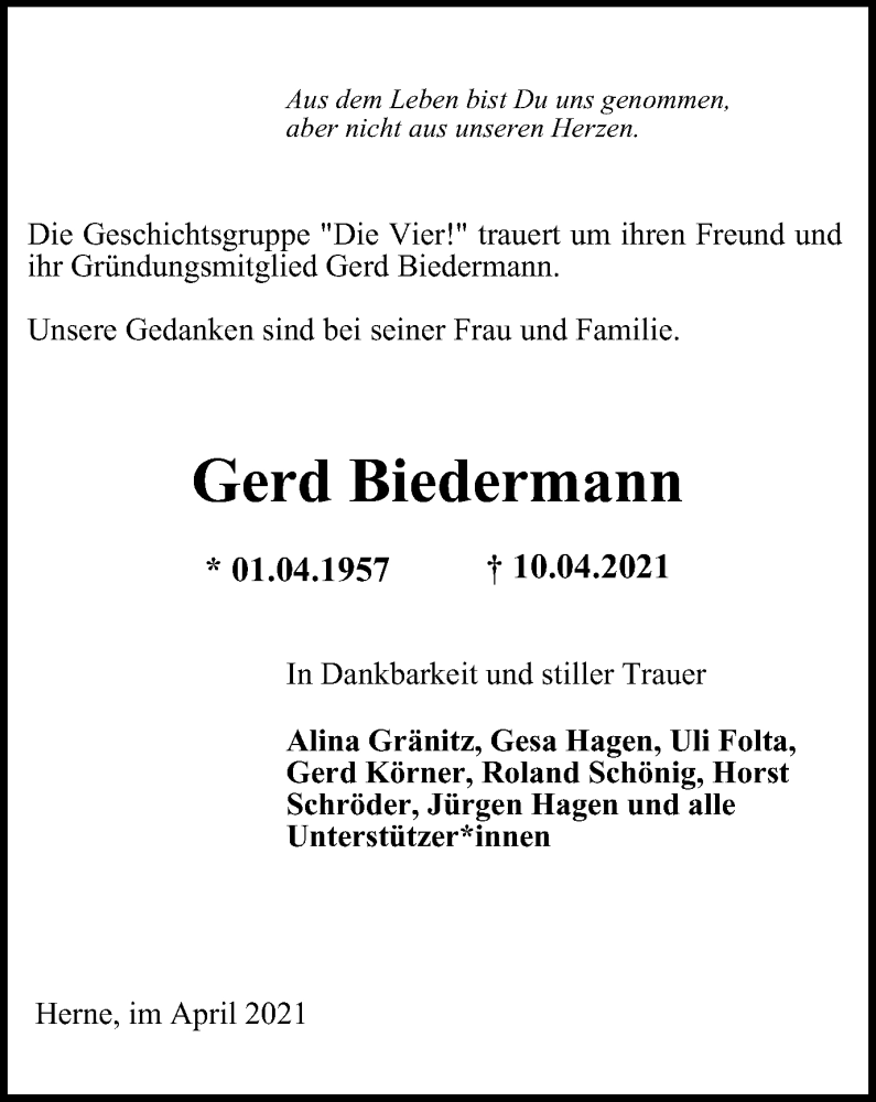  Traueranzeige für Gerd Biedermann vom 17.04.2021 aus Tageszeitung
