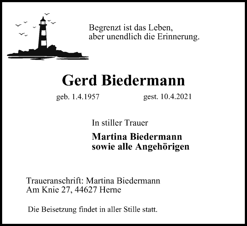 Traueranzeige für Gerd Biedermann vom 17.04.2021 aus Tageszeitung