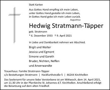 Traueranzeige von Hedwig Stratmann-Täpper von Tageszeitung