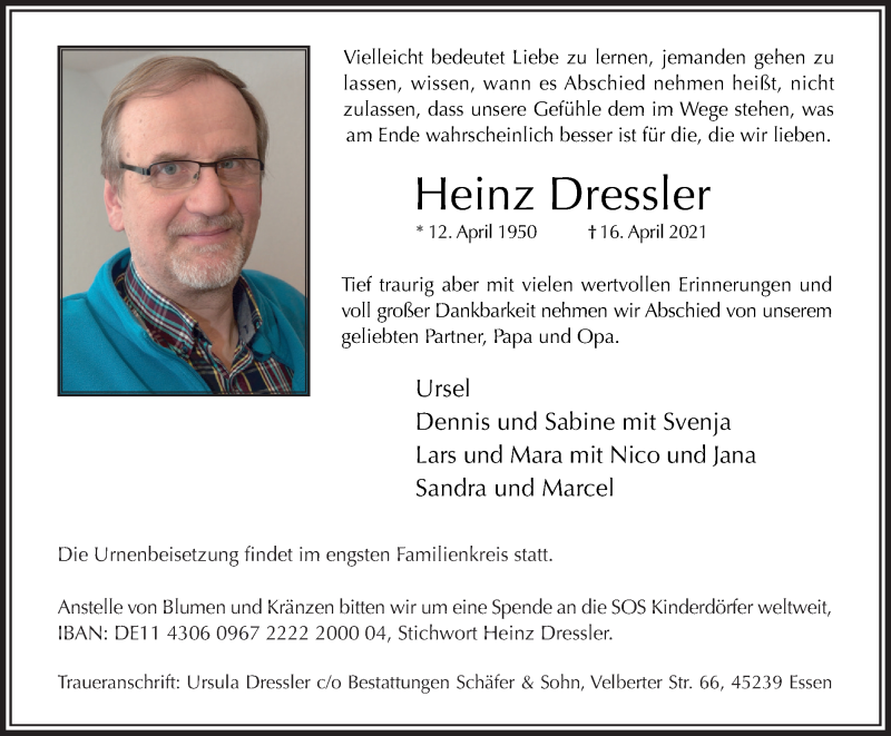  Traueranzeige für Heinz Dressler vom 21.04.2021 aus Tageszeitung