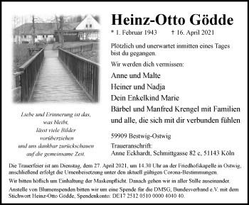Traueranzeige von Heinz-Otto Gödde von Tageszeitung