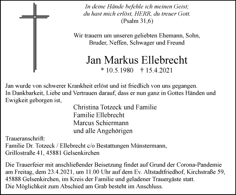  Traueranzeige für Jan Markus Ellebrecht vom 21.04.2021 aus Tageszeitung
