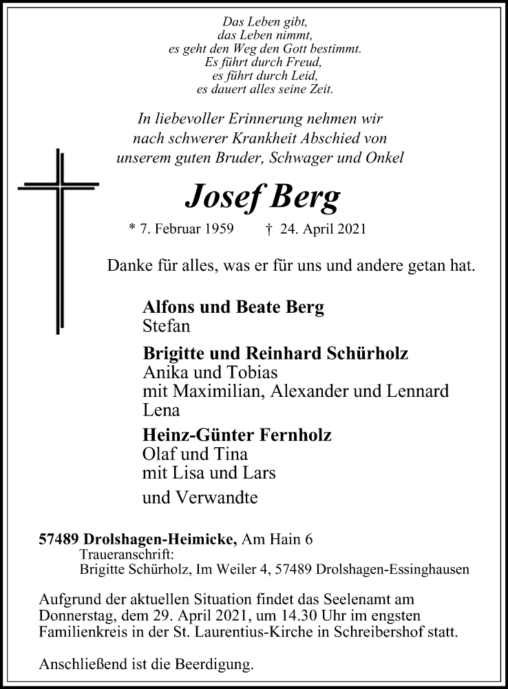  Traueranzeige für Josef Berg vom 27.04.2021 aus Tageszeitung