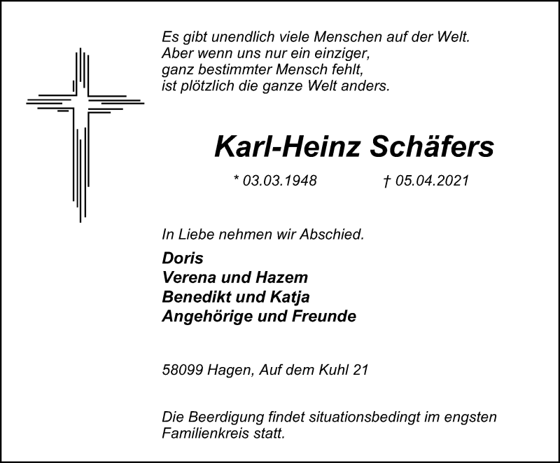  Traueranzeige für Karl-Heinz Schäfers vom 07.04.2021 aus Tageszeitung