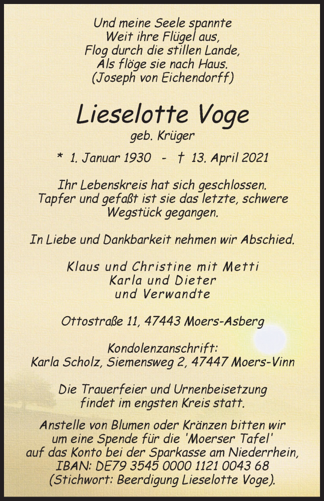  Traueranzeige für Lieselotte Voge vom 17.04.2021 aus Tageszeitung