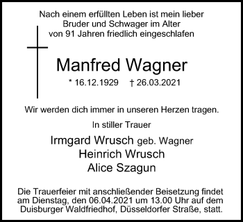 Traueranzeige von Manfred Wagner von Tageszeitung