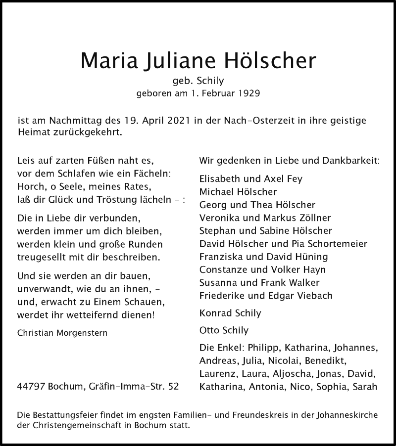  Traueranzeige für Maria Juliane Hölscher vom 22.04.2021 aus waz