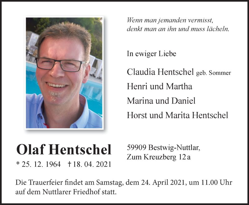  Traueranzeige für Olaf Hentschel vom 22.04.2021 aus Tageszeitung