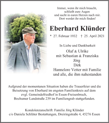 Traueranzeige von Eberhard Klünder von Tageszeitung