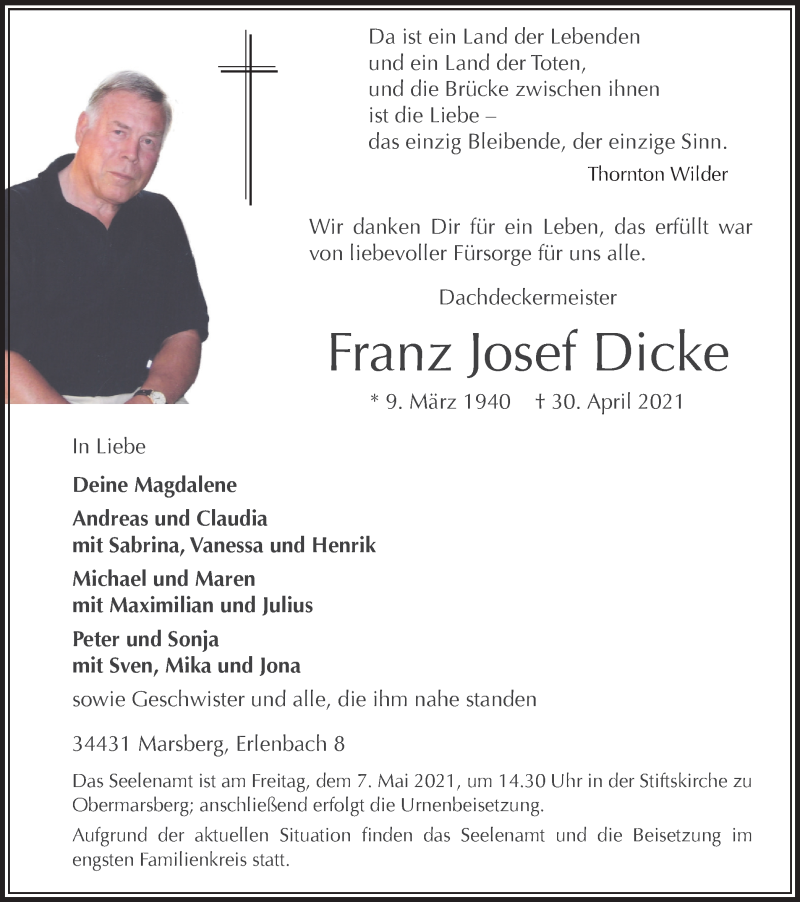  Traueranzeige für Franz Josef Dicke vom 05.05.2021 aus Tageszeitung