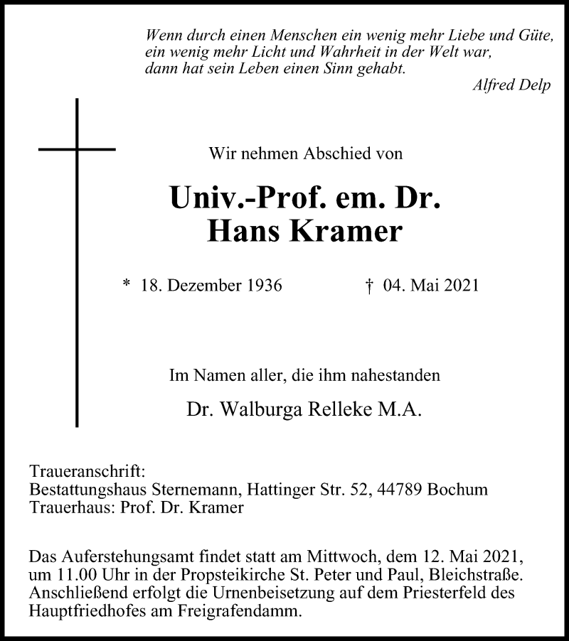  Traueranzeige für Hans Kramer vom 07.05.2021 aus waz