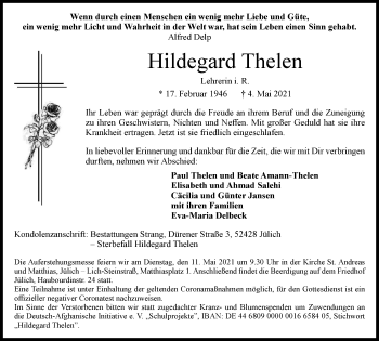 Traueranzeige von Hildegard Thelen von Tageszeitung