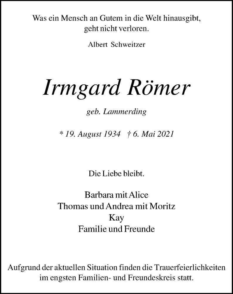  Traueranzeige für Irmgard Römer vom 08.05.2021 aus Tageszeitung