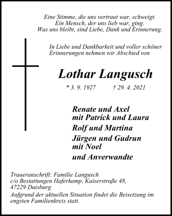 Traueranzeige von Lothar Langusch von Tageszeitung