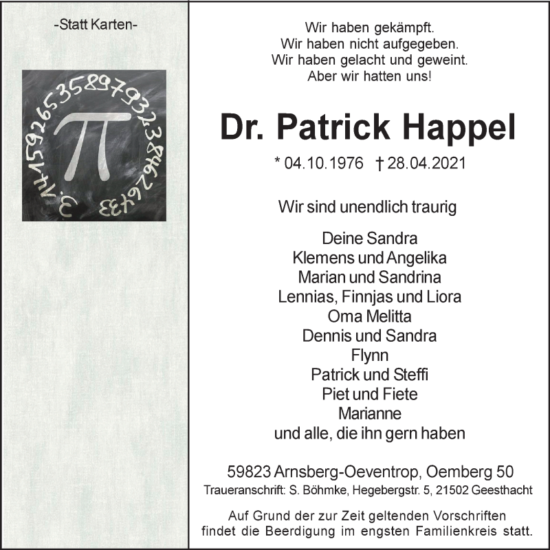  Traueranzeige für Patrick Happel vom 05.05.2021 aus waz